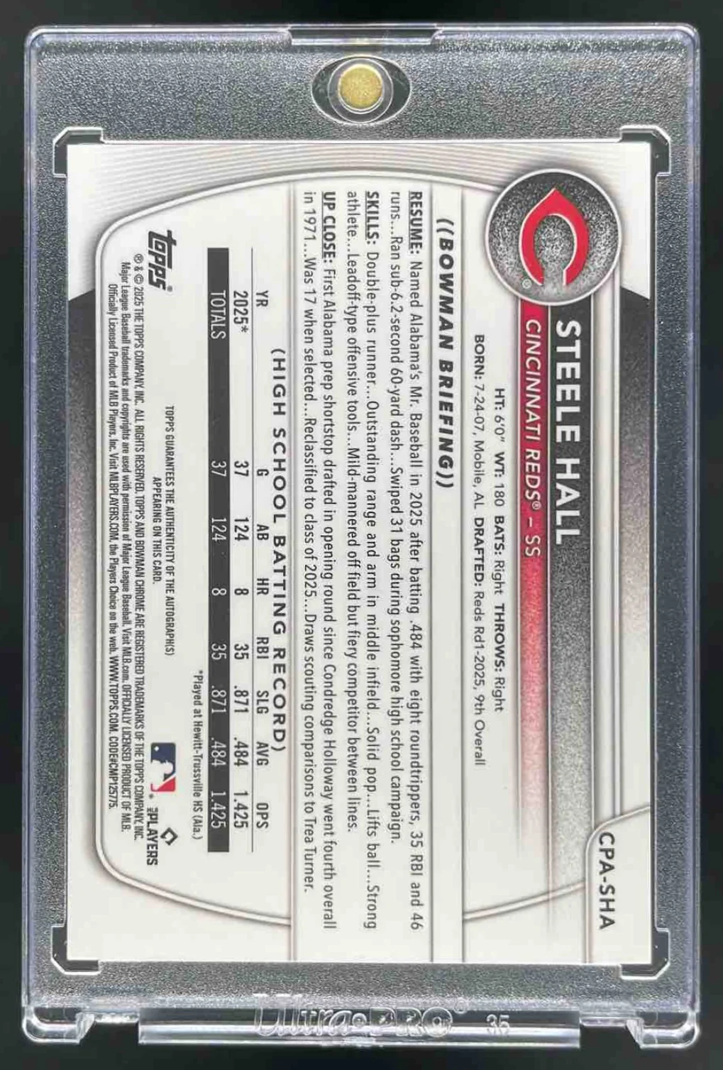 2025 Bowman Draft Chrome Gold Shimmer Refractor #CPA-SHA Steele Hall RC Auto /50 - Image 2