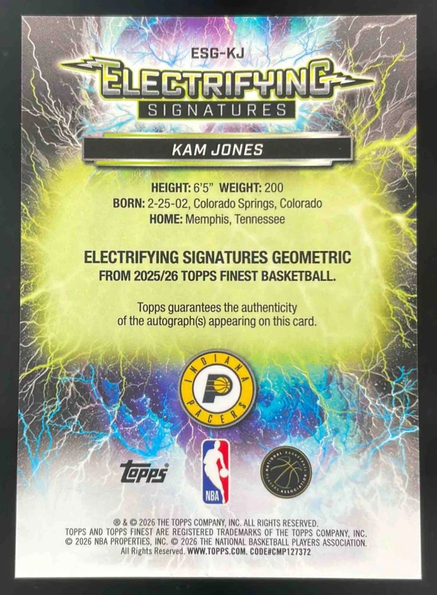 2025-26 Topps Finest Electrifying Orange Geometric #ESG-KJ Kam Jones RC Auto /15 - Image 2