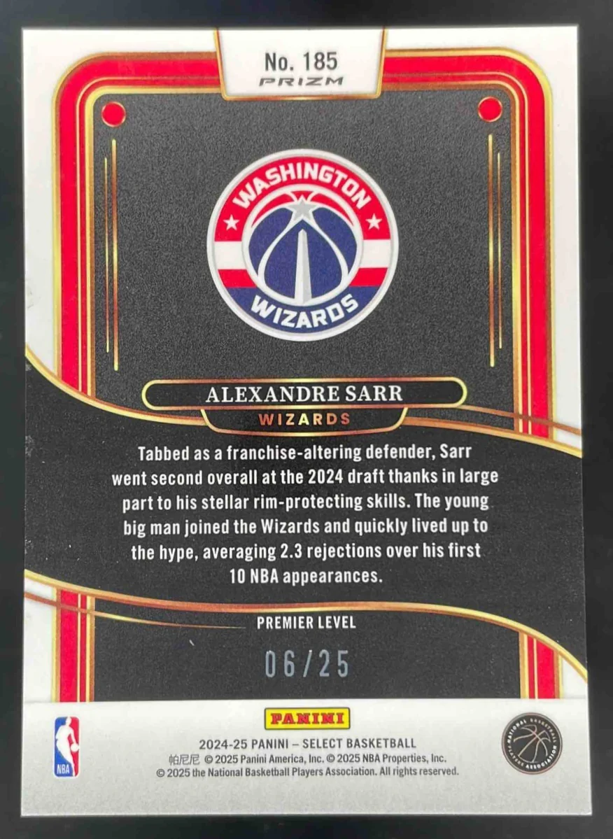 2024-25 Panini Select Premier Blue Disco Prizm #185 Alexandre Sarr RC /25 - Image 2