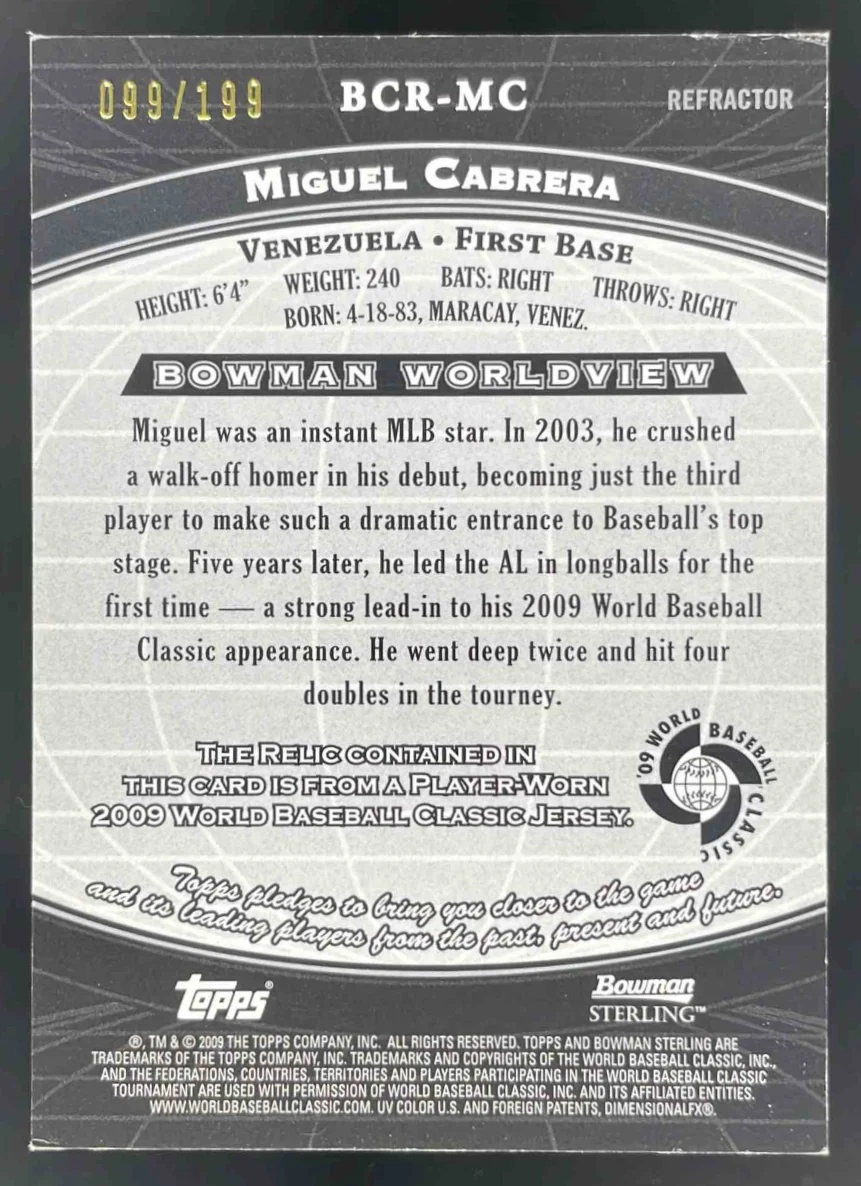 2009 Bowman Sterling WBC Relics Refractors #BCR-MC Miguel Cabrera /199 - Image 2