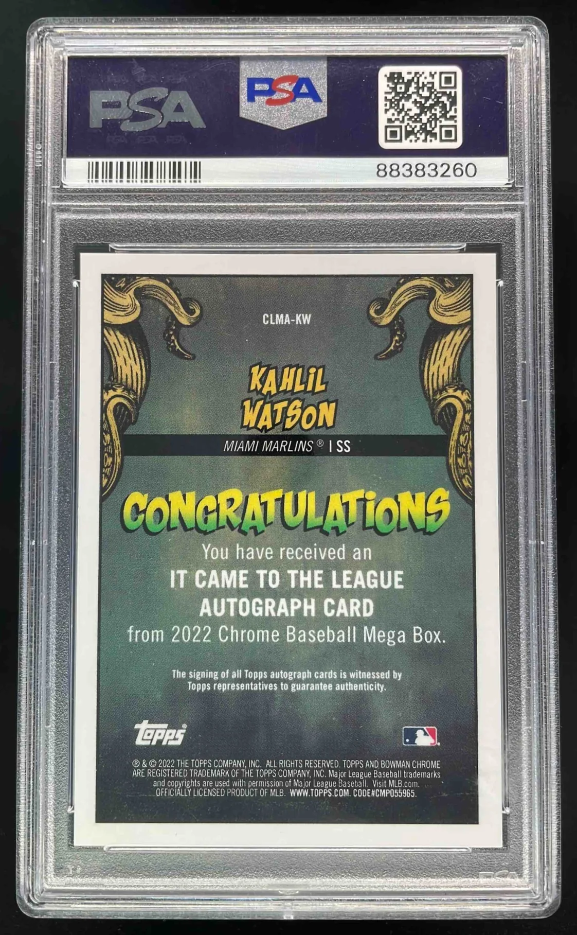 2022 Bowman Chrome It Came to the League Mojo #KW Kahlil Watson Auto /99 PSA 10 - Image 2