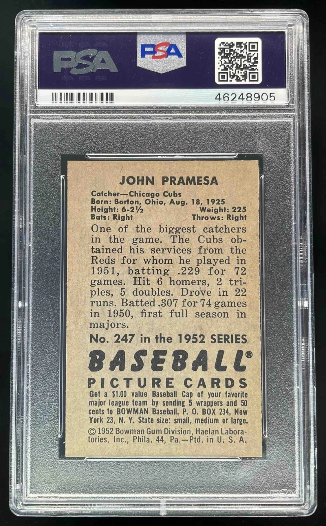 1952 Bowman #247 John Pramesa PSA 7 - Image 2