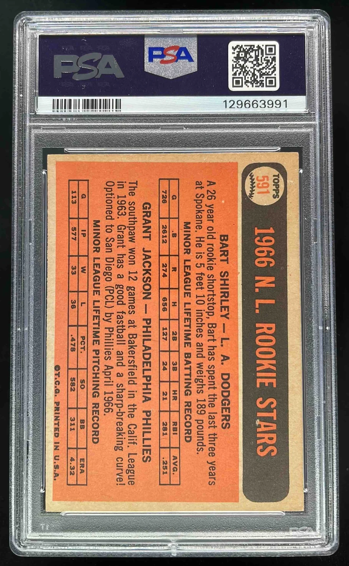 1966 Topps #591 NL 1966 Rookie Stars Bart Shirley Grant Jackson RS RC PSA 4.5 - Image 2