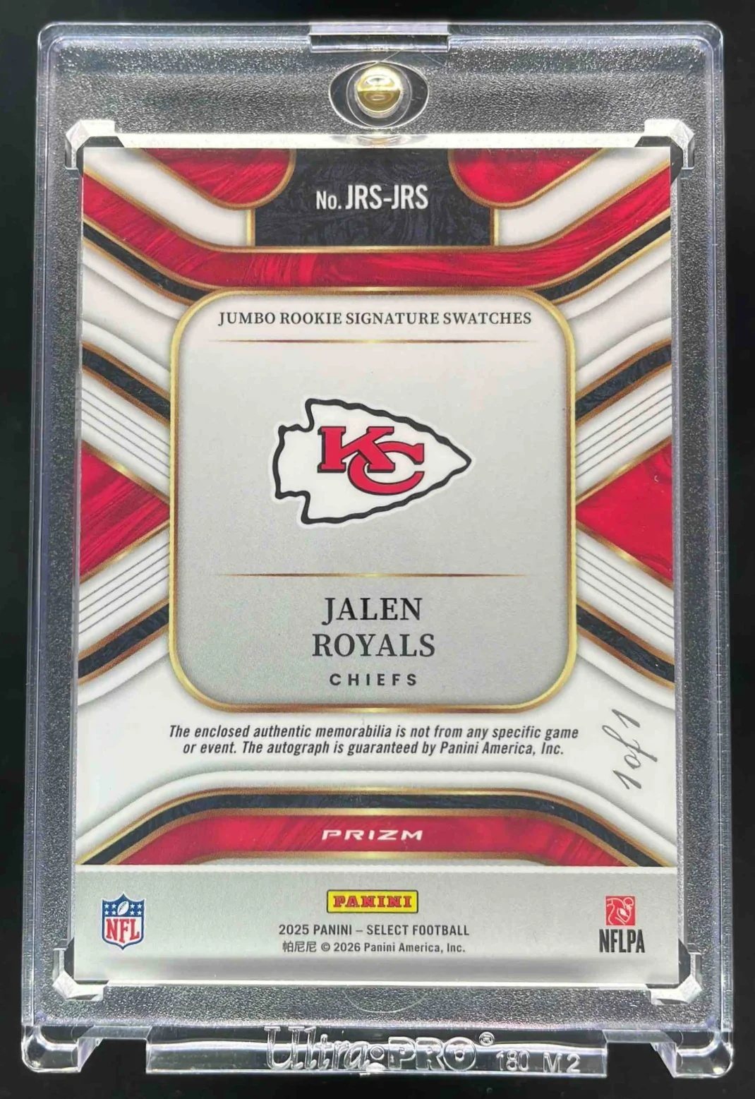 2025 Select Jumbo Rookie Swatch Black Prizm #JRS-JRS Jalen Royals RC Auto 1/1 - Image 2