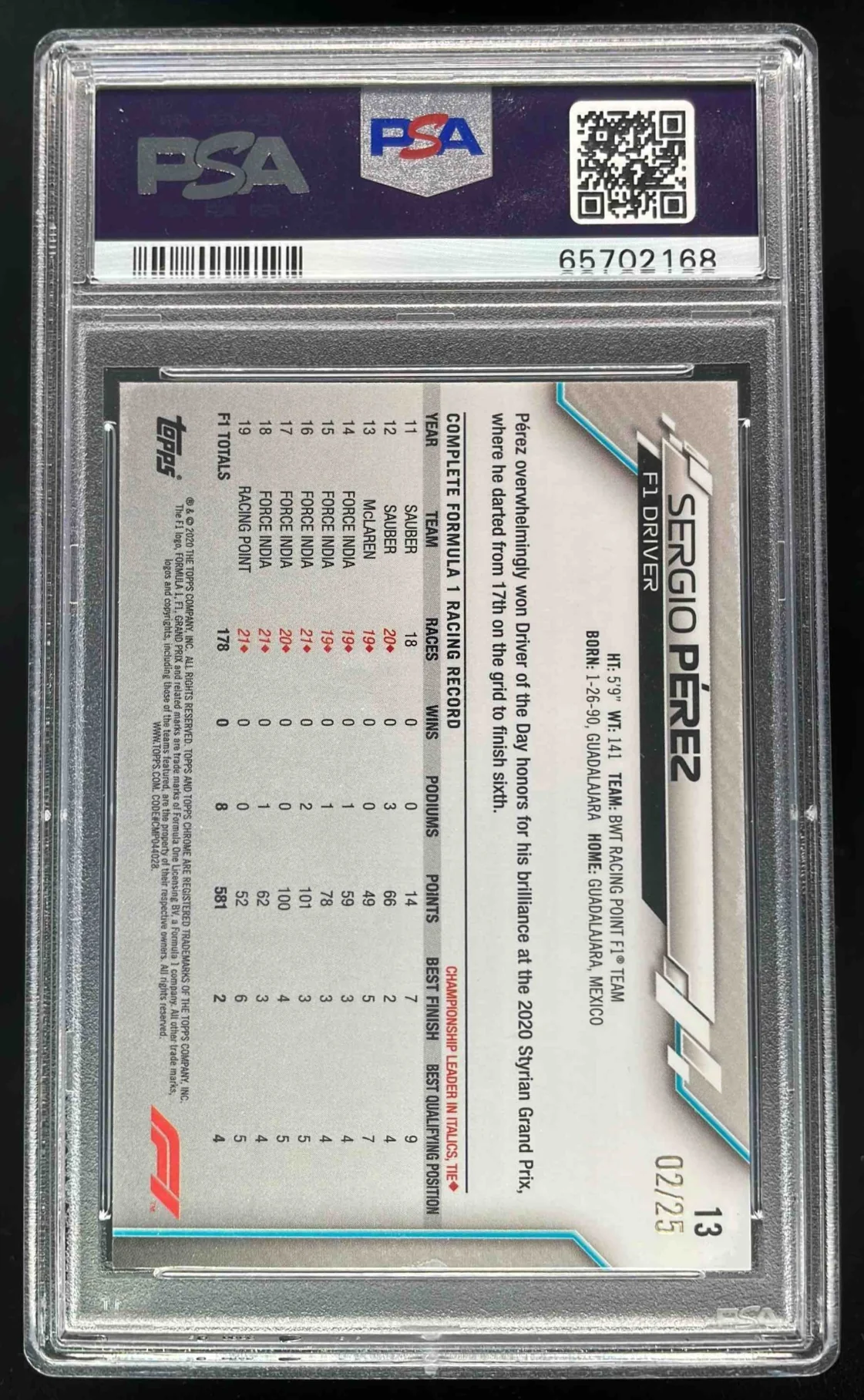 2020 Topps Chrome Formula 1 Orange Refractor #13 Sergio Perez /25 PSA 8 - Image 2