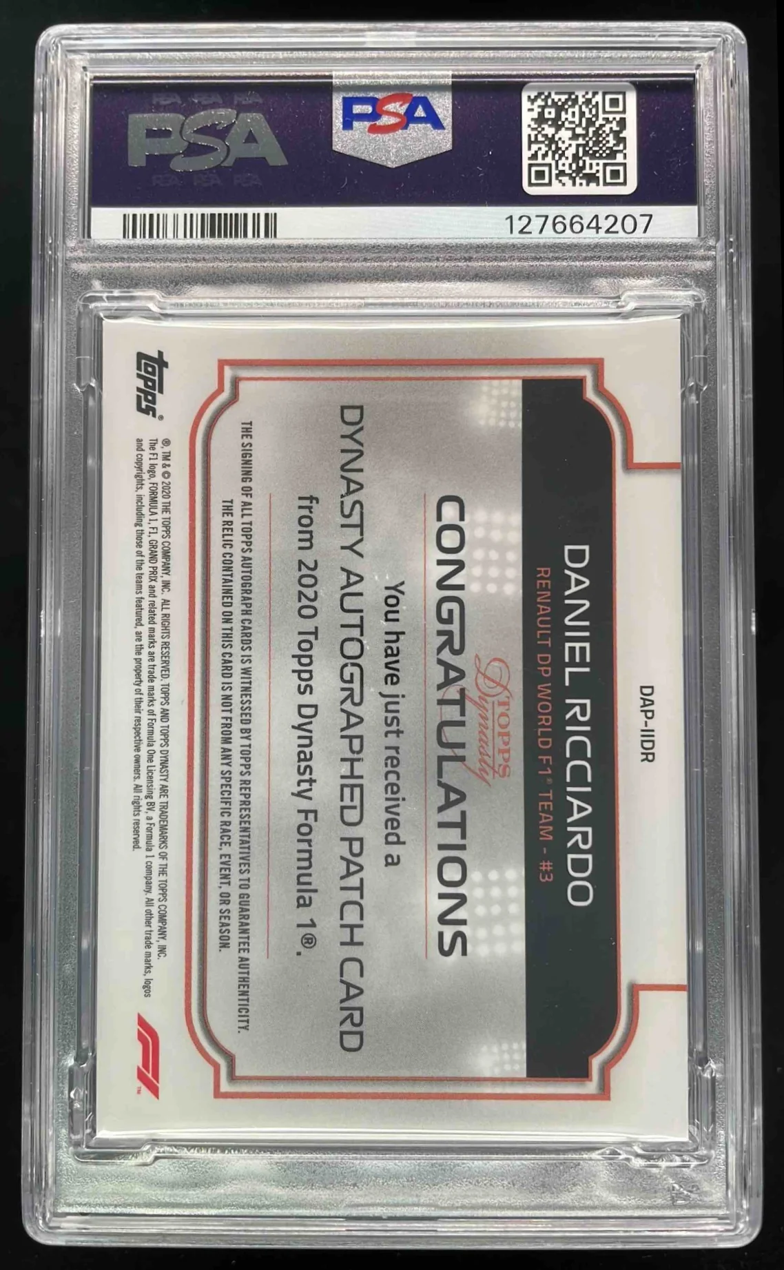 2020 Topps Dynasty Formula 1 Dynasty Patch #IIDR Daniel Ricciardo Auto /10 PSA 9 - Image 2