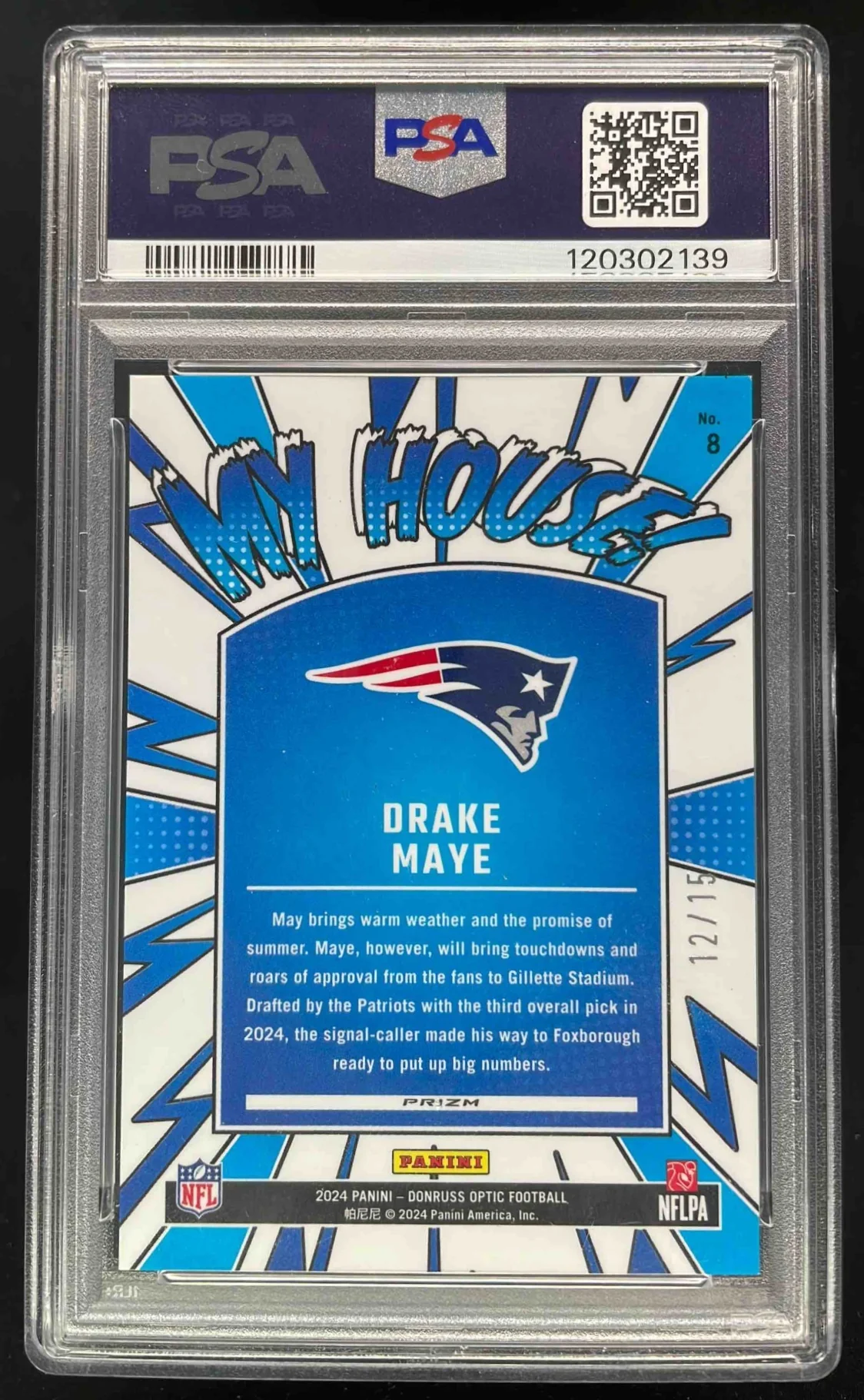 2024 Panini Donruss Optic My House! Ice #8 Drake Maye RC /15 PSA 9 - Image 2