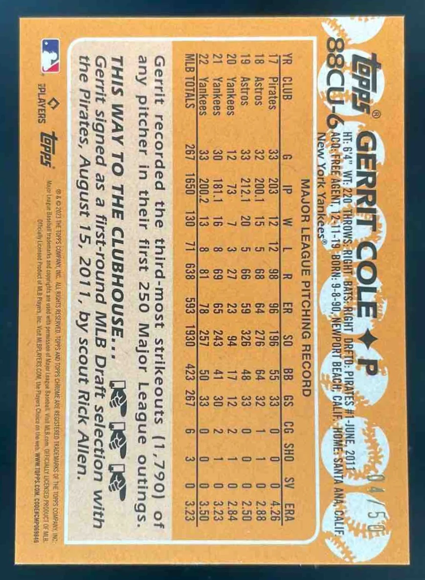 2023 Topps Chrome Update 1988 Topps Baseball Gold #88CU-6 Gerrit Cole /50 - Image 2
