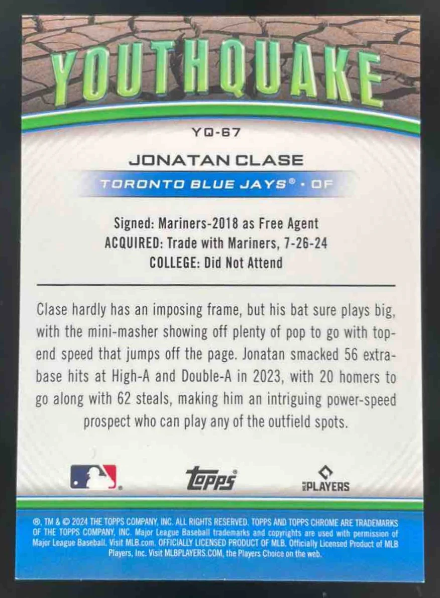 2024 Topps Chrome Update Youthquake Black Refractor #YQ-67 Jonatan Clase RC /10 - Image 2