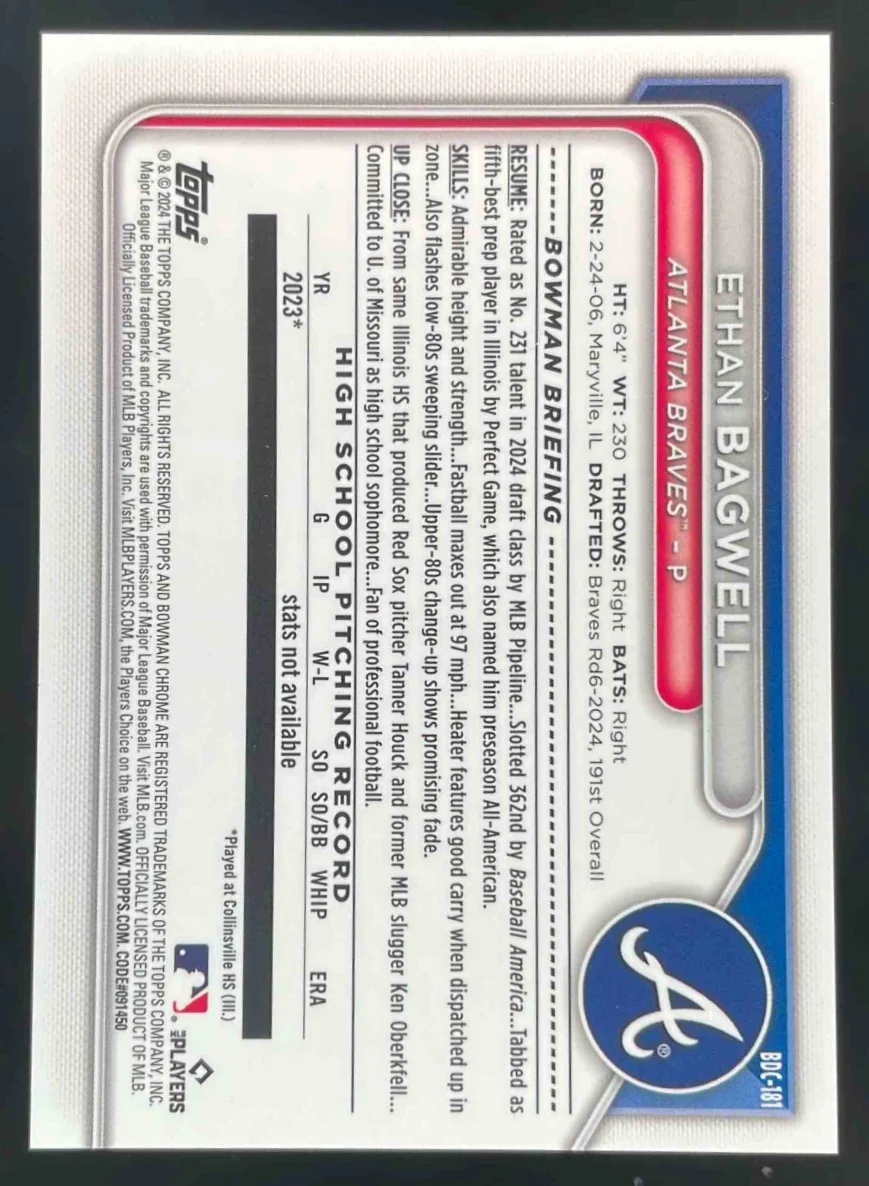 2024 Bowman Draft Sapphire Chrome Orange Sapphire #BDC-181 Ethan Bagwell RC /25 - Image 2