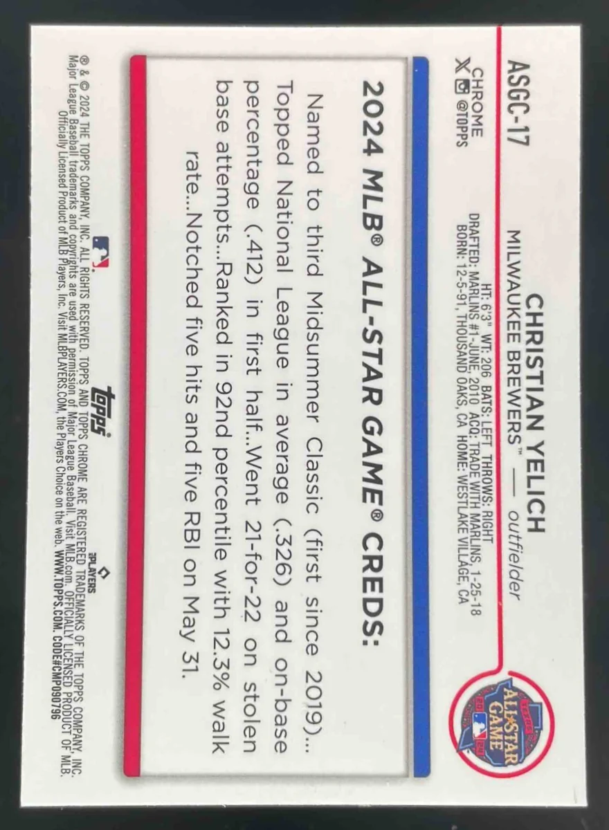 2024 Topps Chrome 2024 All-Star Game Gold Refractor #ASGC17 Christian Yelich /50 - Image 2