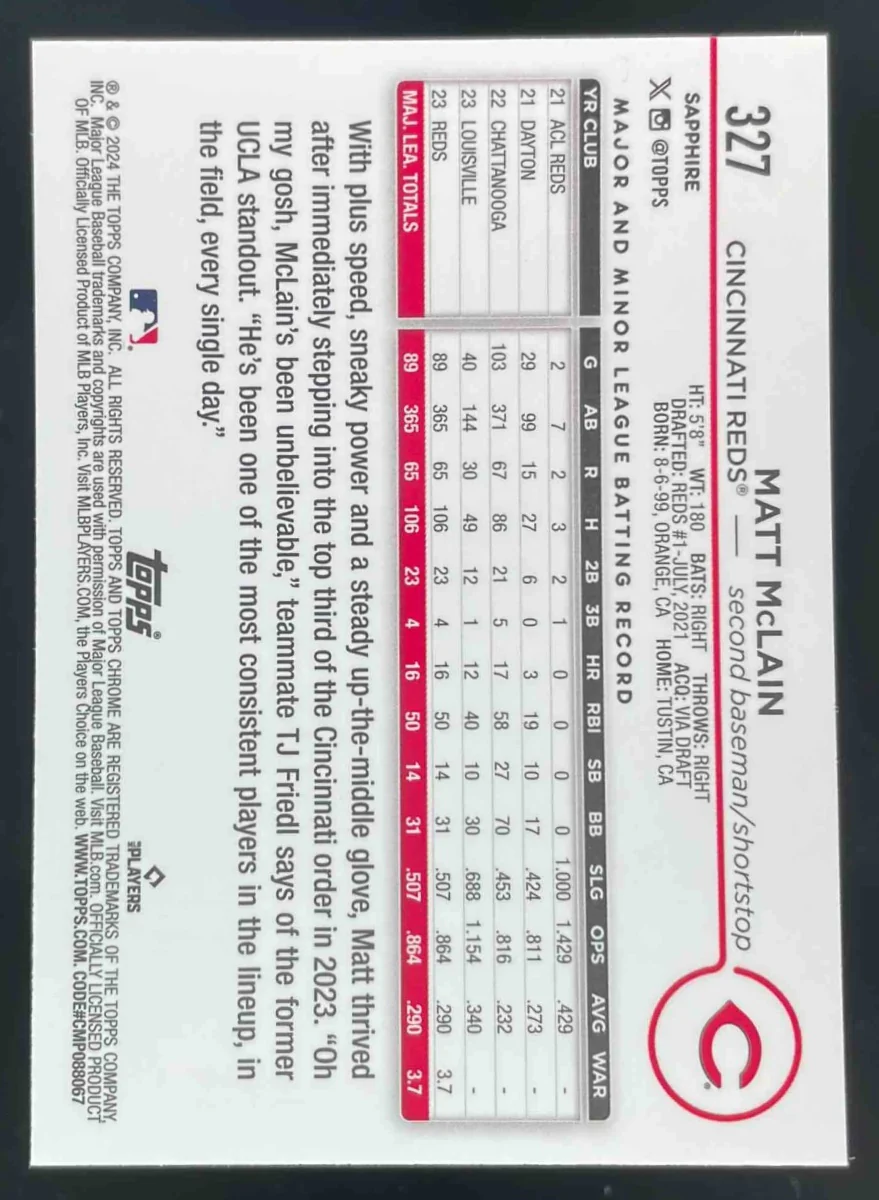 2024 Topps Chrome Sapphire Chrome Gold Refractor #327 Matt McLain /50 - Image 2