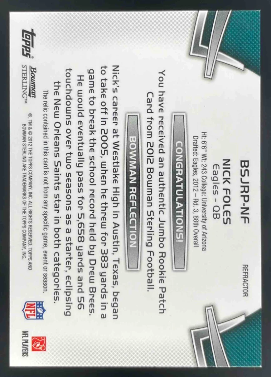 2012 Bowman Sterling Jumbo Rookie Patch Black #BSJRP-NF Nick Foles RC /45 - Image 2
