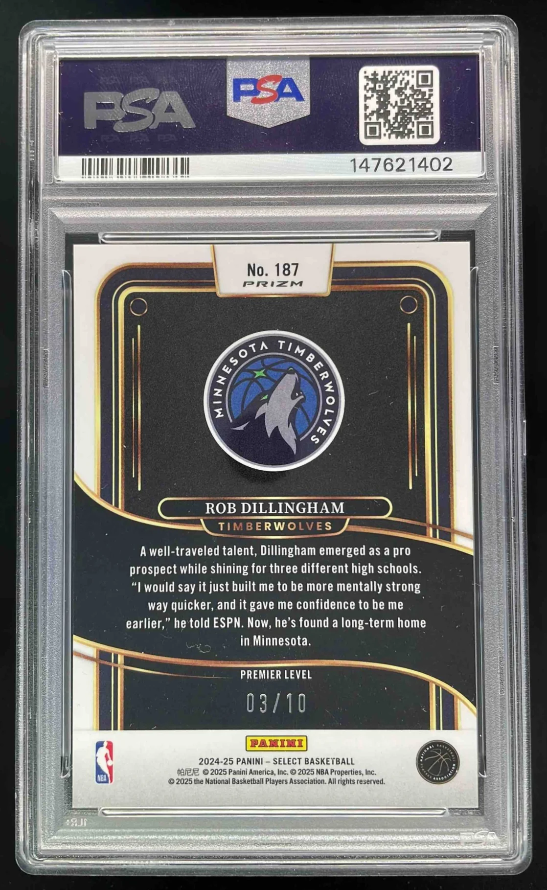 2024-25 Panini Select Premier Gold Wave Prizm #187 Rob Dillingham RC /10 PSA 8 - Image 2