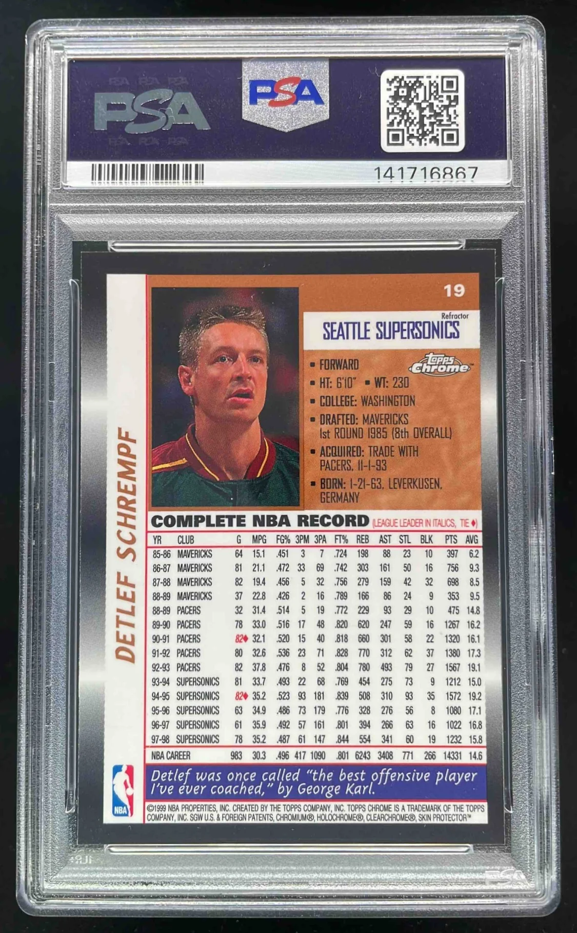 1998-99 Topps Chrome Previews Refractor #19 Detlef Schrempf PSA 8 - Image 2