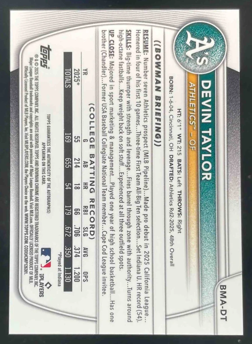 2025 Bowman Draft Chrome Orange Mojo Refractor #BMA-DT Devin Taylor RC Auto /25 - Image 2