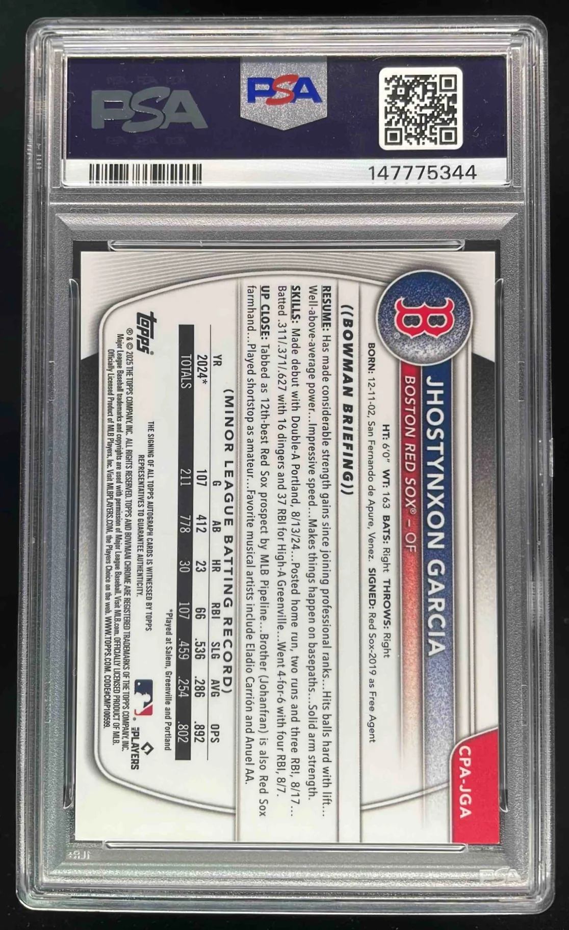 2025 Bowman Chrome Prospect Yellow #CPA-JGA Jhostynxon Garcia RC Auto /75 PSA 9 - Image 2