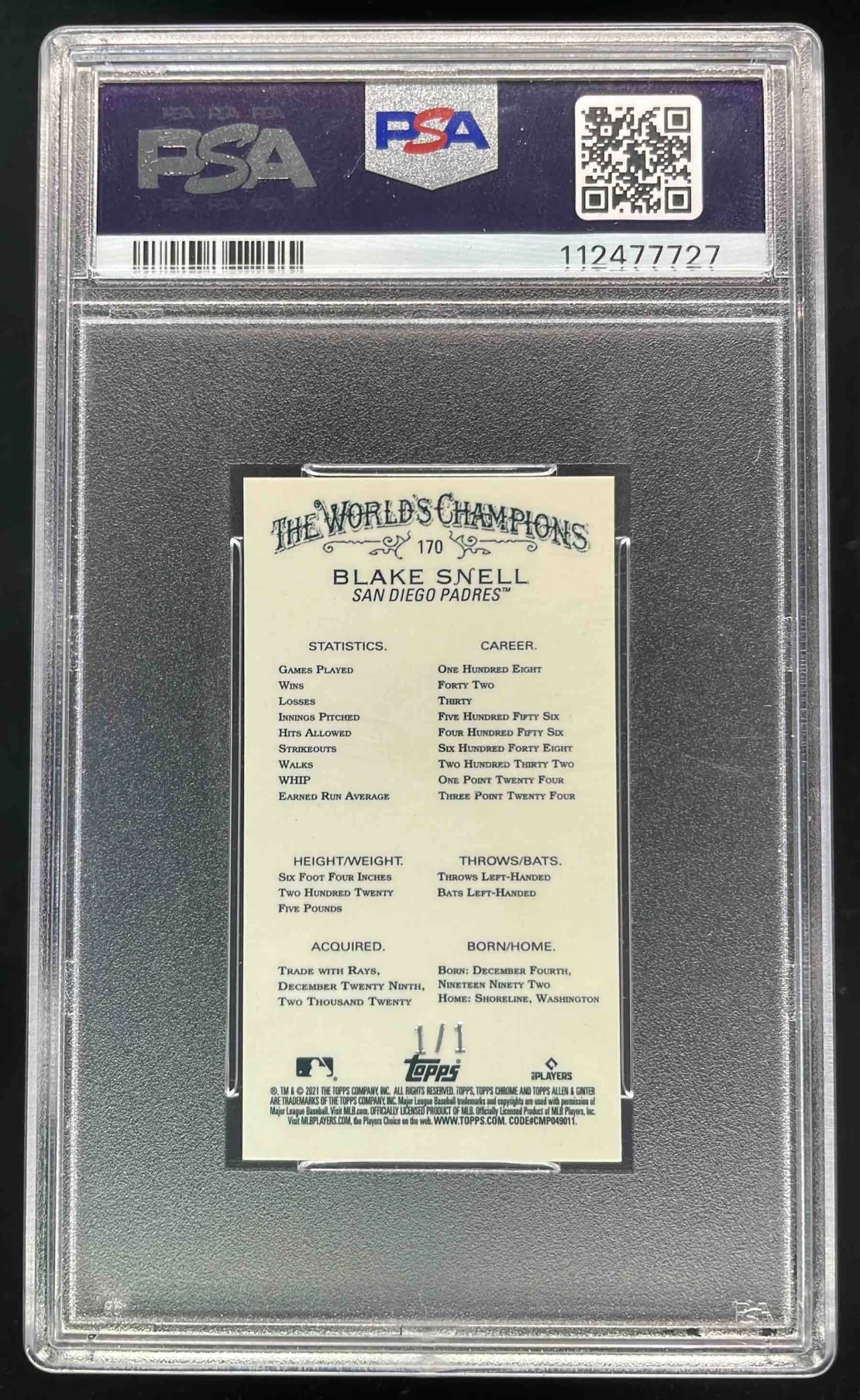 2021 Topps Allen & Ginter Chrome Mini SuperFractor #170 Blake Snell 1/1 PSA 9 - Image 2