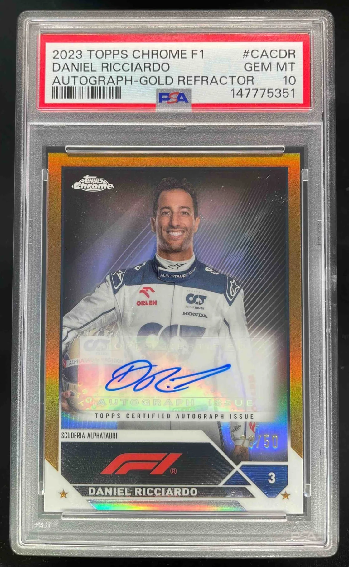 2023 Topps Chrome Formula 1 Gold Refractor #DR Daniel Ricciardo Auto /50 PSA 10