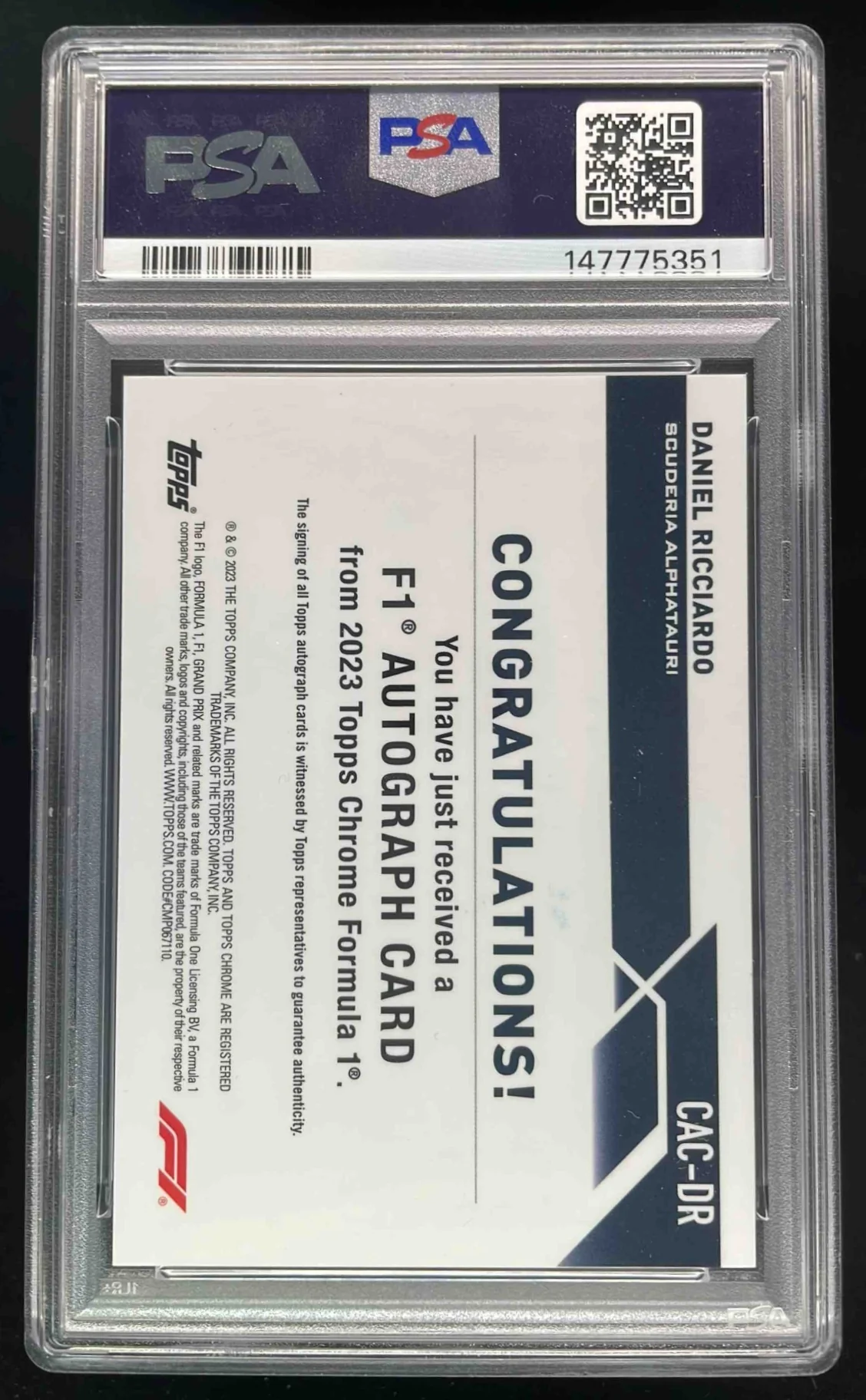 2023 Topps Chrome Formula 1 Gold Refractor #DR Daniel Ricciardo Auto /50 PSA 10 - Image 2
