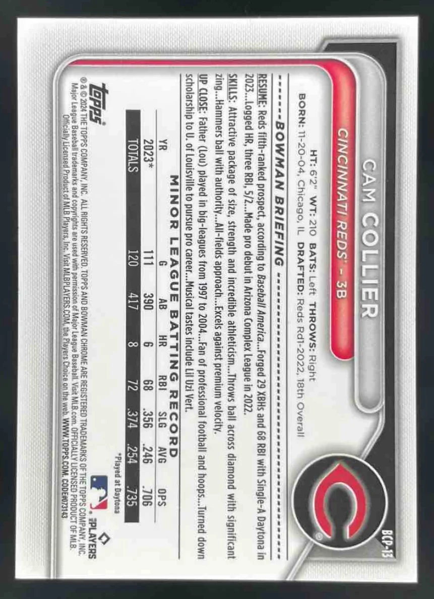 2024 Bowman Sapphire Chrome Green Sapphire #BCP-13 Cam Collier /99 - Image 2
