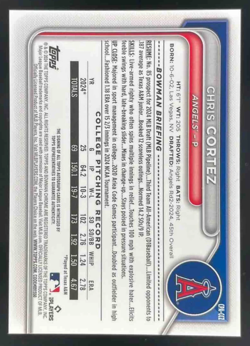 2024 Bowman Draft Chrome Prospect HTA Choice #CPA-CCZ Chris Cortez RC Auto /150 - Image 2