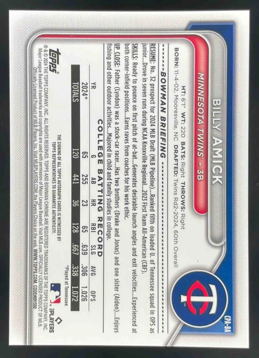 2024 Bowman Draft Chrome Prospect Autographs #CPA-BA Billy Amick RC Auto - Image 2