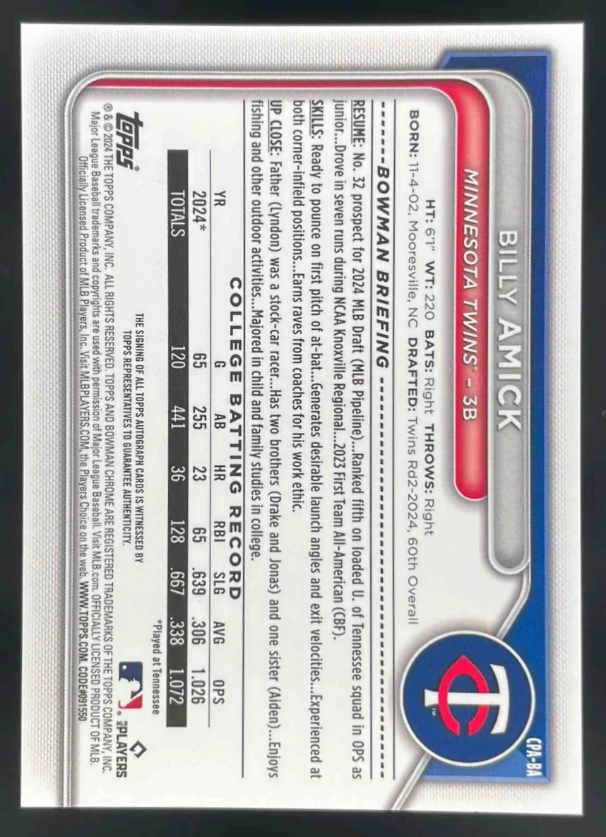 2024 Bowman Draft Chrome Prospect Autographs #CPA-BA Billy Amick RC Auto - Image 2