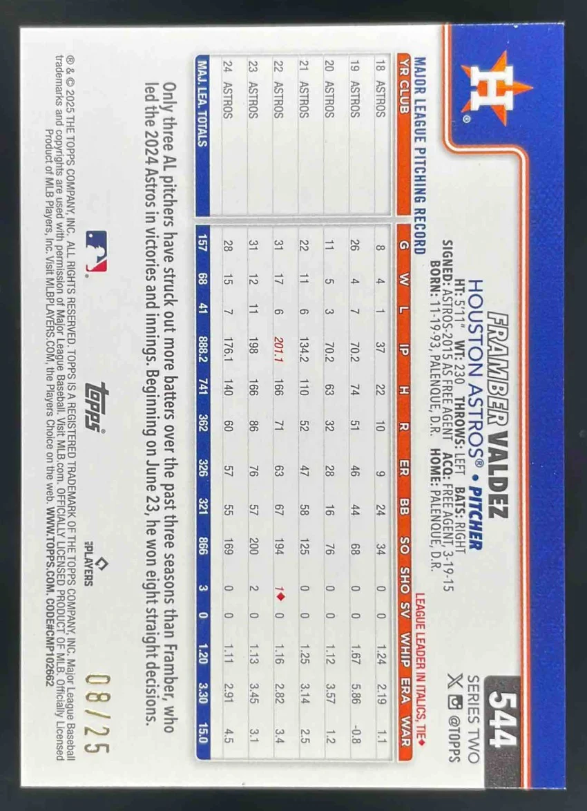 2025 Topps Orange Rainbow Foilboard #544 Framber Valdez /25 - Image 2