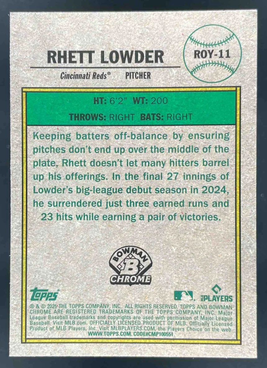 2025 Bowman Chrome Rookie of the Year Favorites #ROY-11 Rhett Lowder RC - Image 2