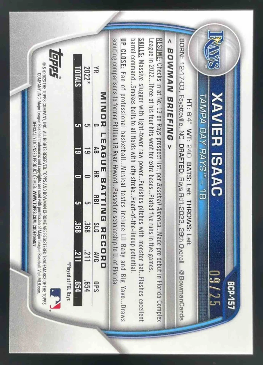 2023 Bowman Chrome Prospects Orange Refractor #BCP-157 Xavier Isaac /25 - Image 2