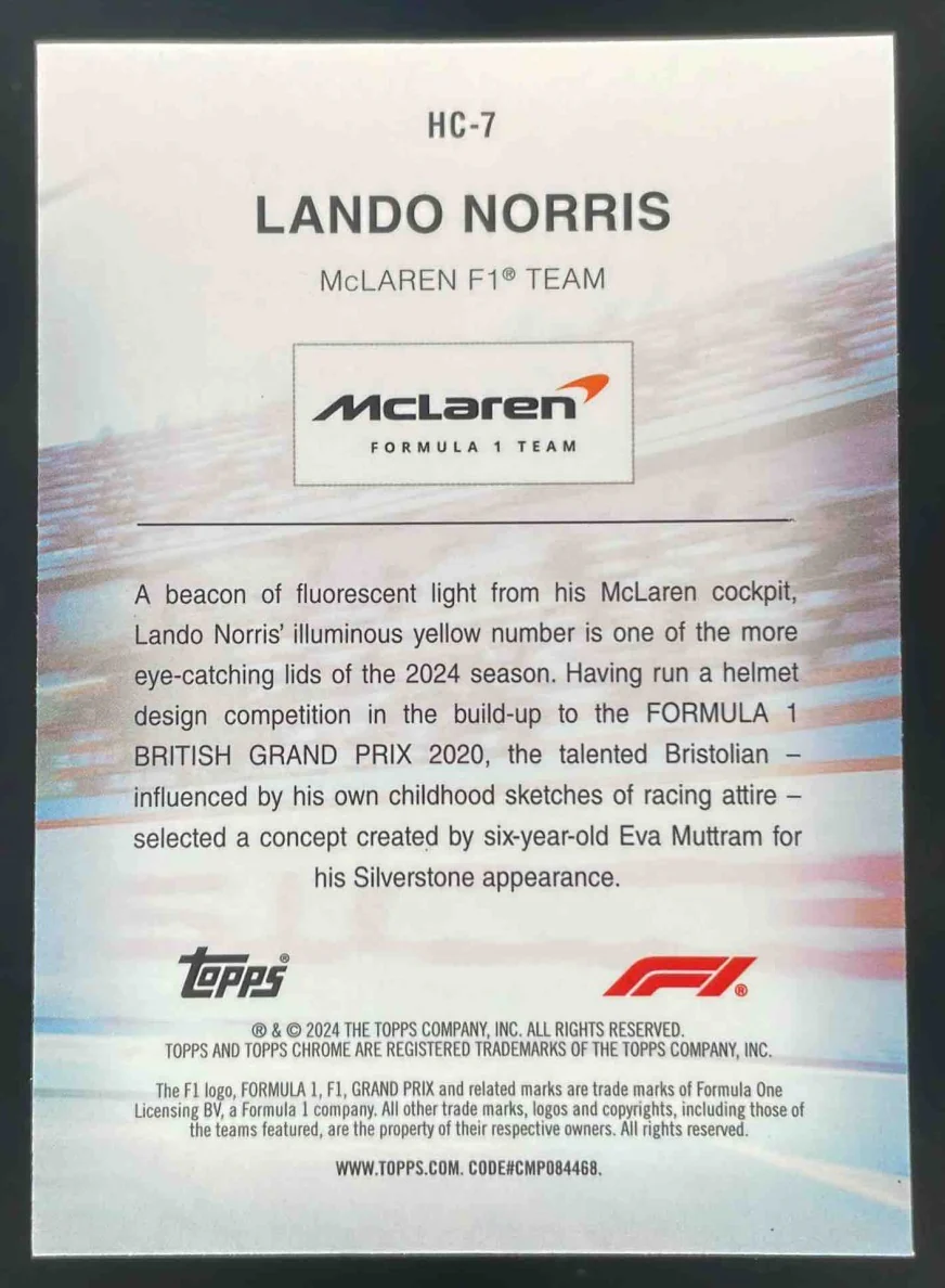 2024 Topps Chrome Sapphire Formula 1 Helmet Collection #HC-7 Lando Norris - Image 2