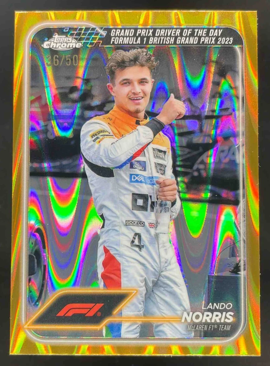 2024 Topps Chrome Formula 1 Gold RayWave #168 Lando Norris Driver of the Day /50