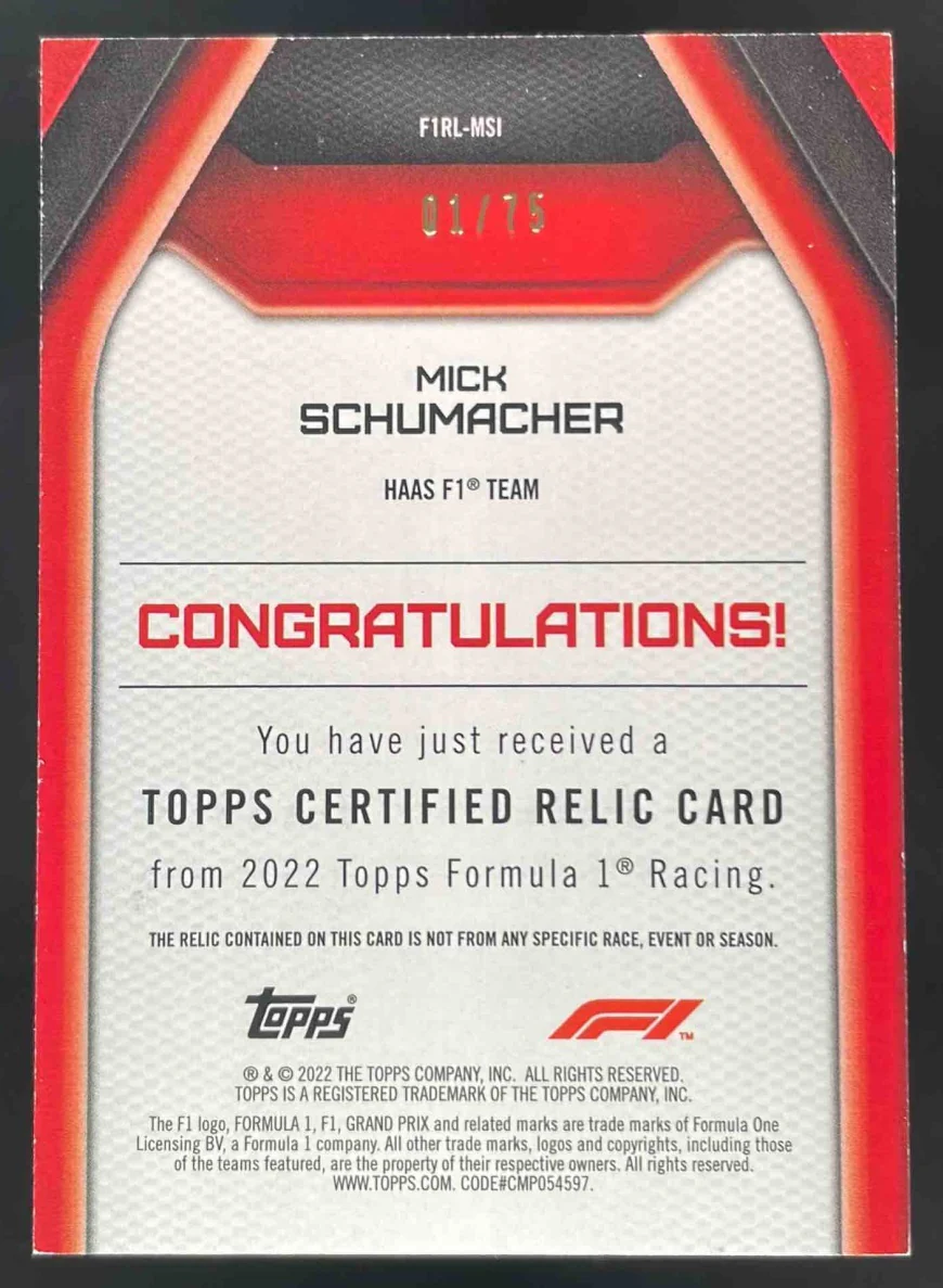 2022 Topps Formula 1 F1 Relics Green #F1RL-MSI Mick Schumacher /75 - Image 2