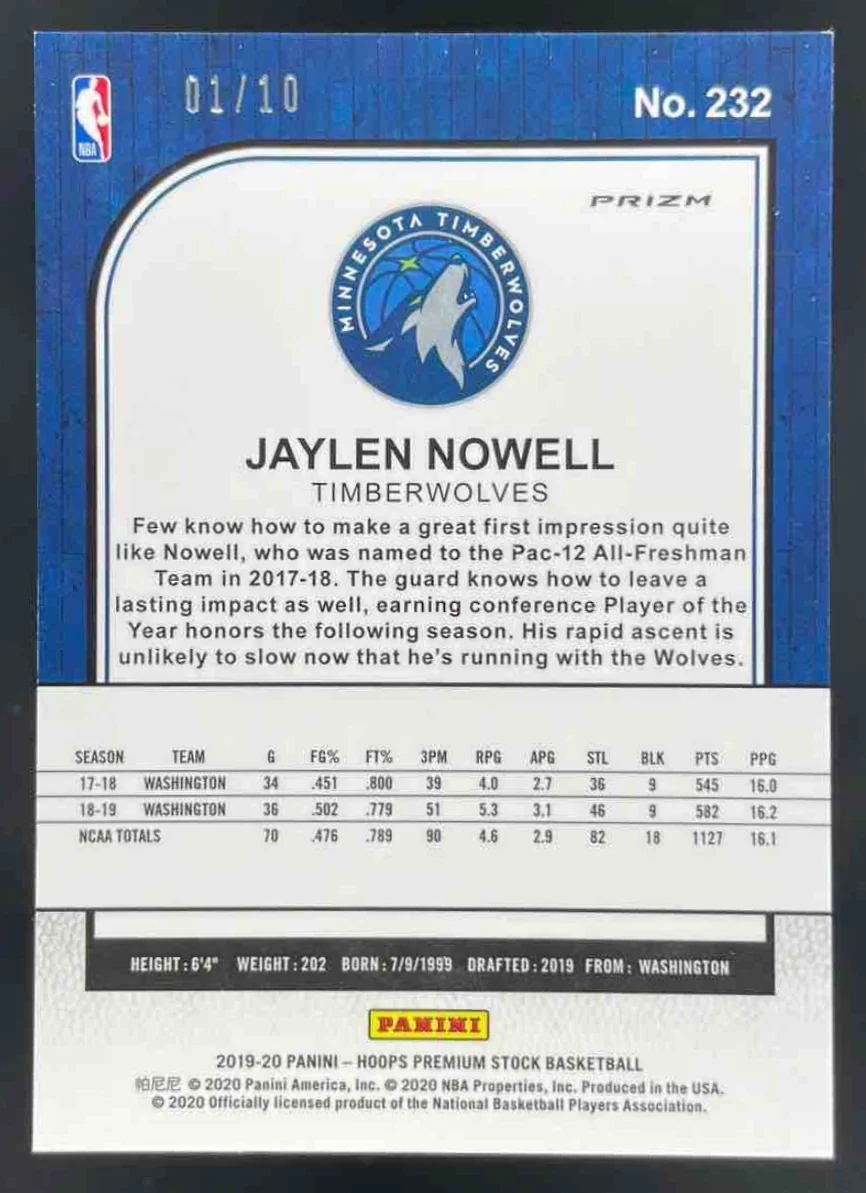 2019-20 Panini Hoops Premium Stock Prizms Gold Flash #232 Jaylen Nowell RC /10 - Image 2