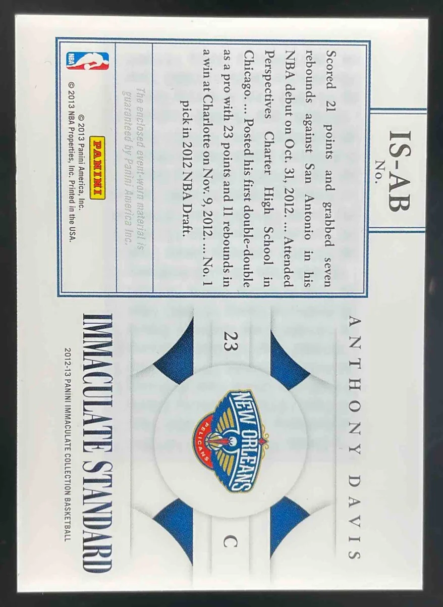 2012-13 Immaculate Collection Immaculate Standard #IS-AB Anthony Davis RC /75 - Image 2