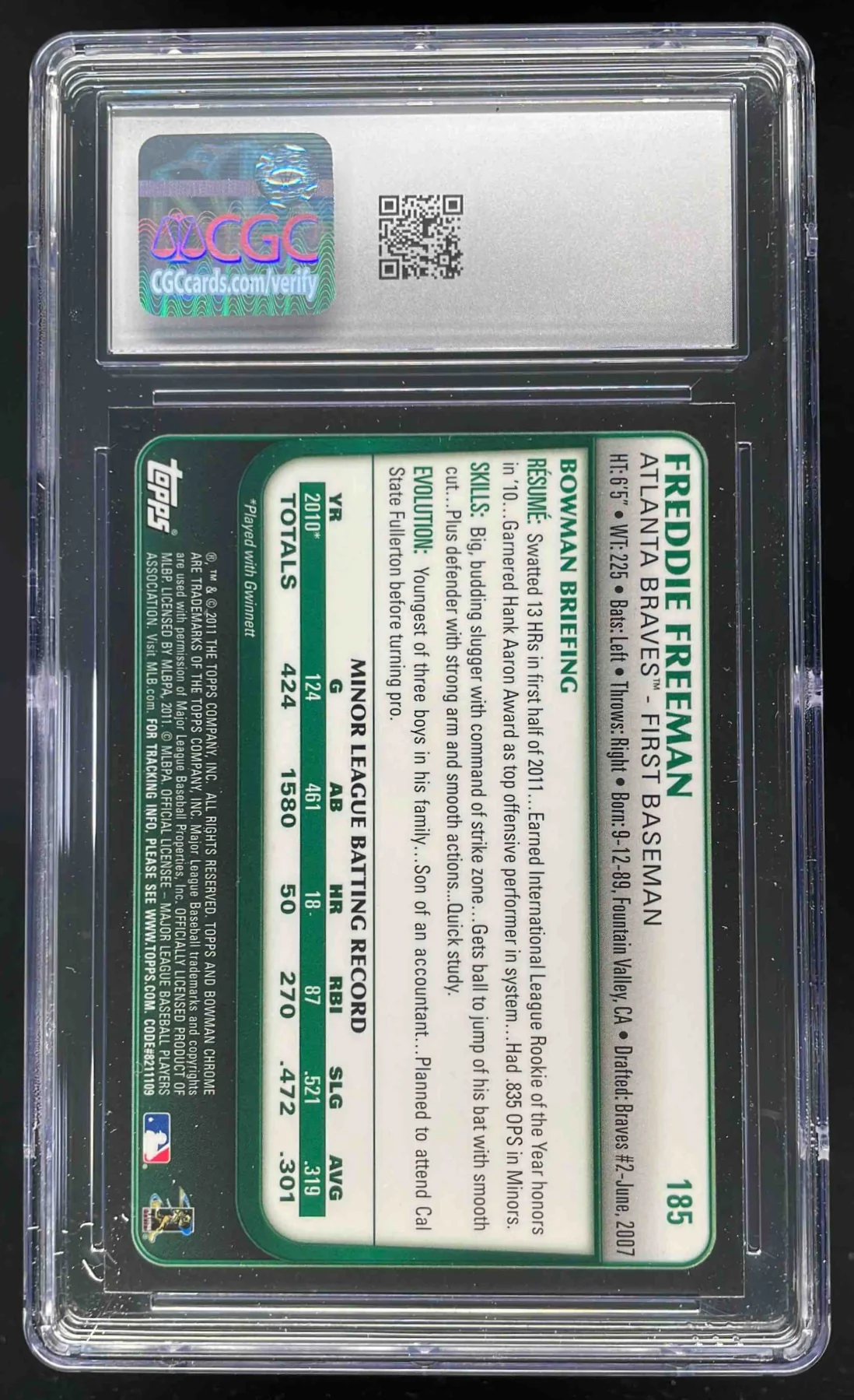2011 Bowman Chrome #185 Freddie Freeman RC CGC 10 - Image 2