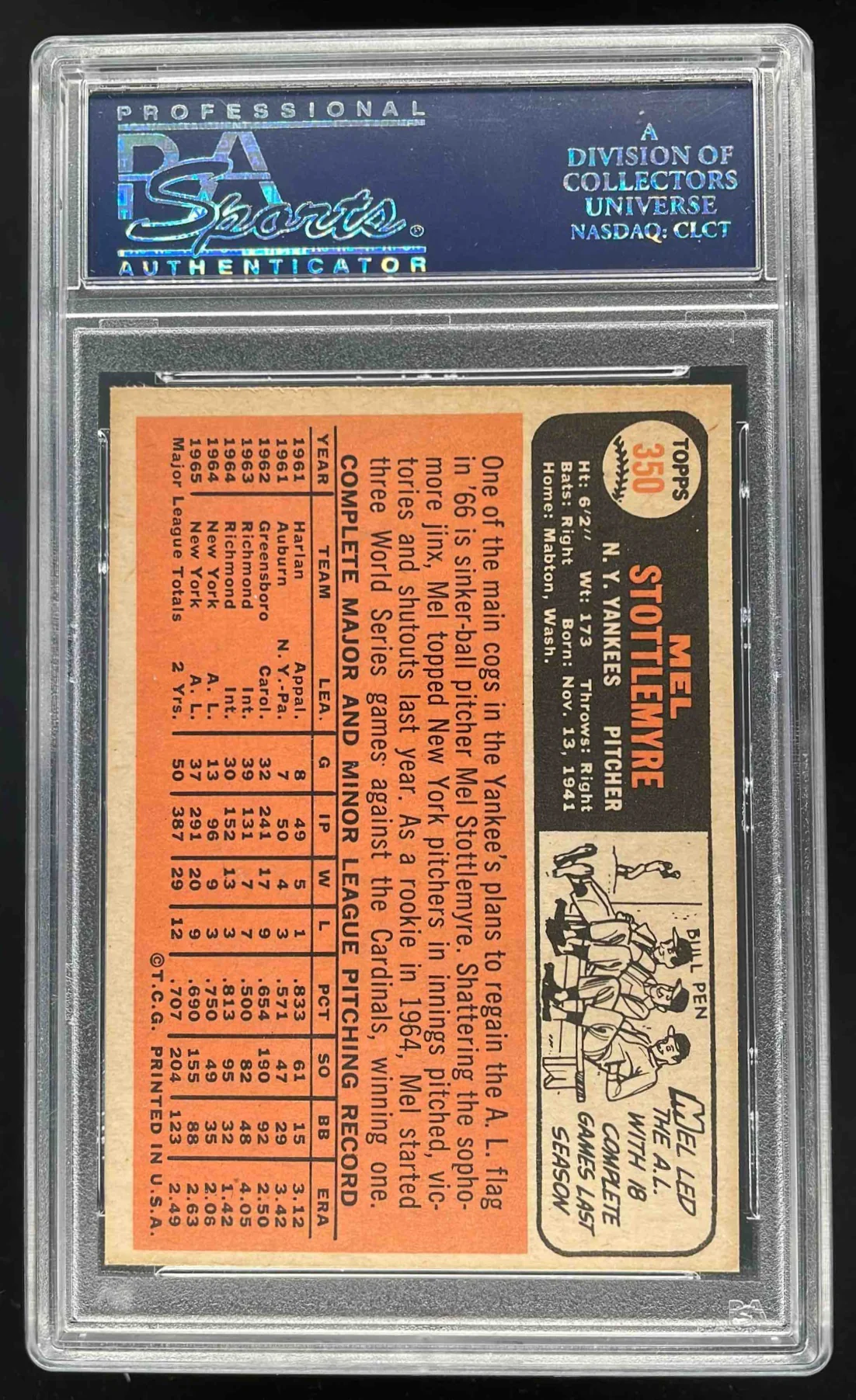 1966 Topps #350 Mel Stottlemyre PSA 9 - Image 2