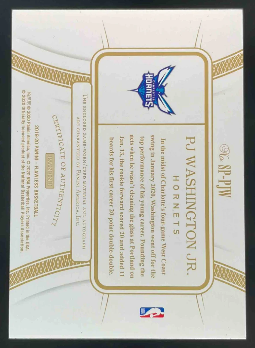 2019-20 Panini Flawless Prime Materials #SP-PJW PJ Washington Jr. RC Auto /25 - Image 2
