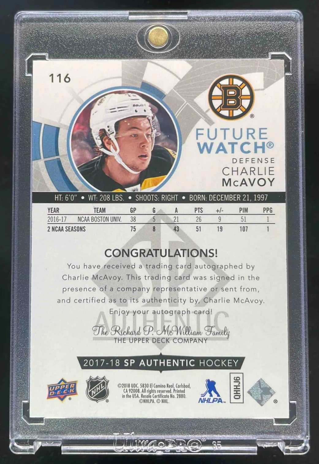 2017-18 SP Authentic #116 Charlie McAvoy RC Future Watch Auto /999 - Image 2