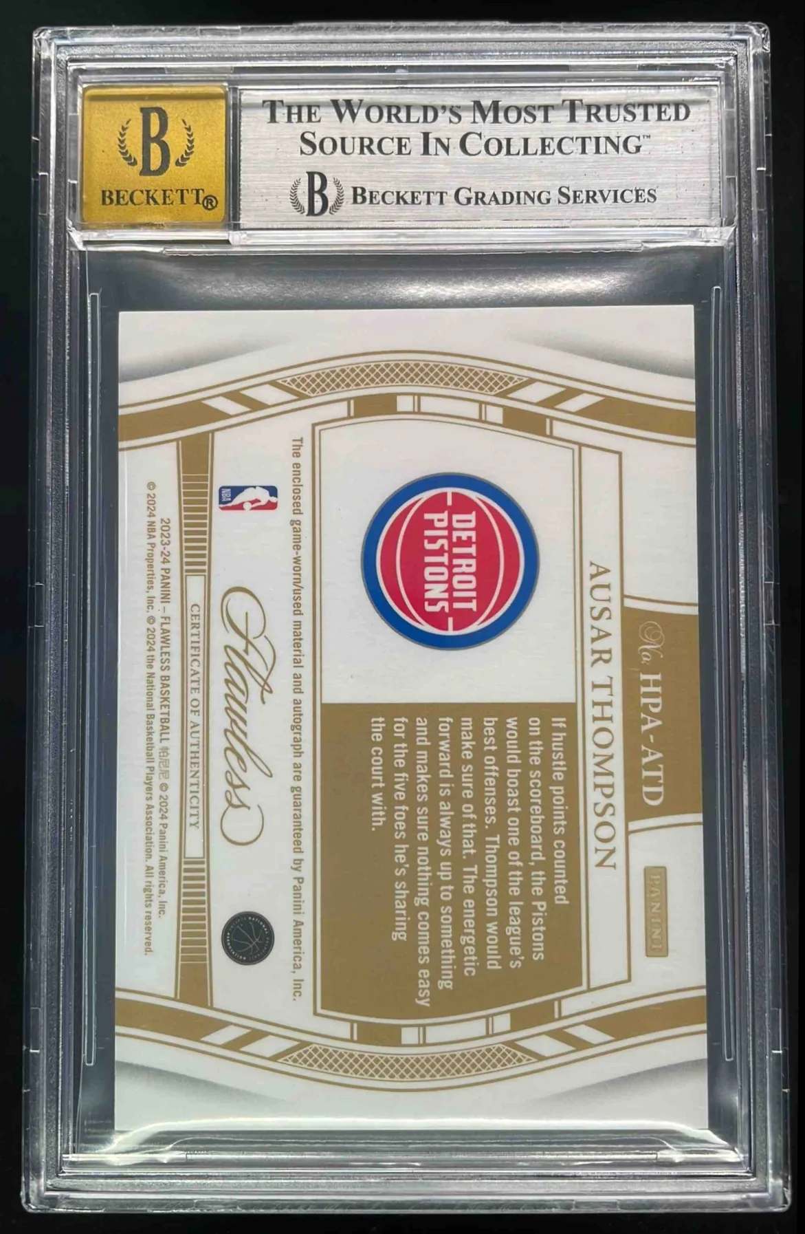 2023-24 Flawless Horizontal Patch Gold #ATD Ausar Thompson RC Auto /10 BGS 8.5 - Image 2