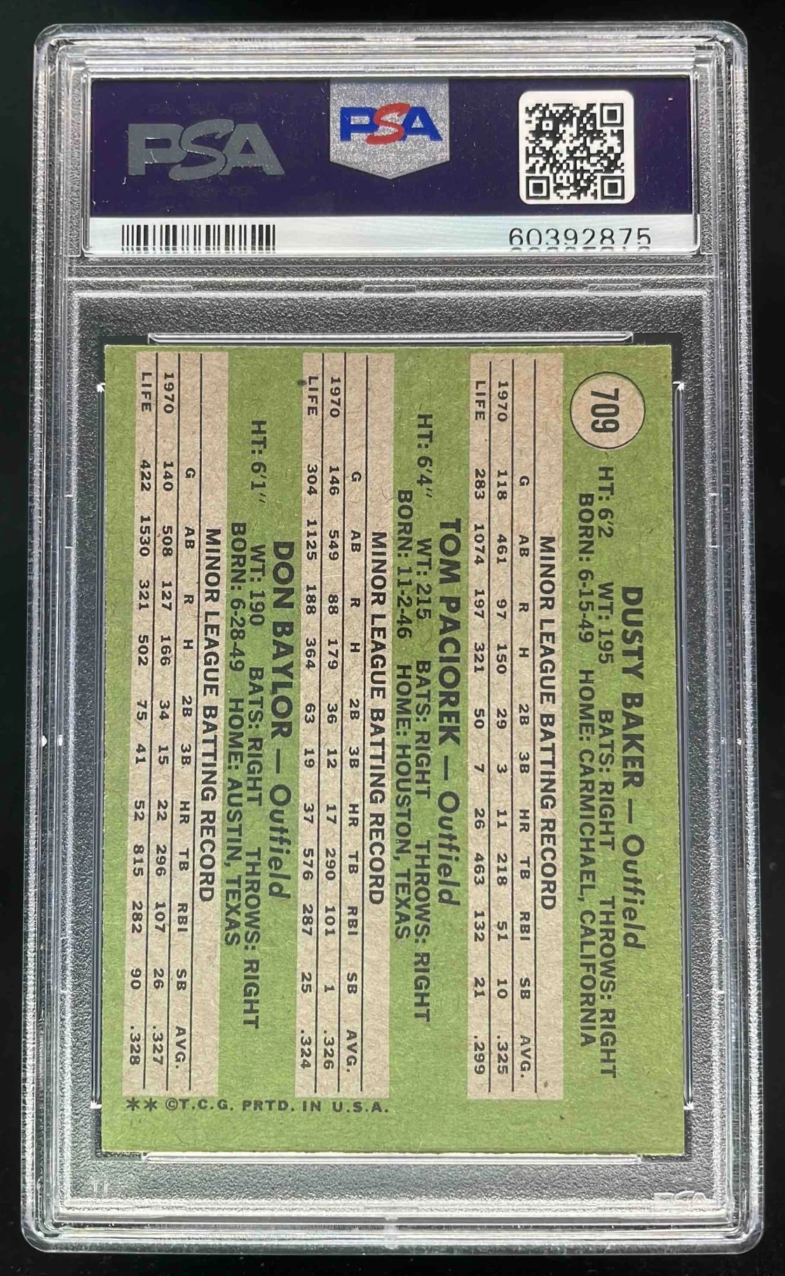 1971 Topps #709 Dusty Baker Tom Paciorek Don Baylor RS RC PSA 6 - Image 2