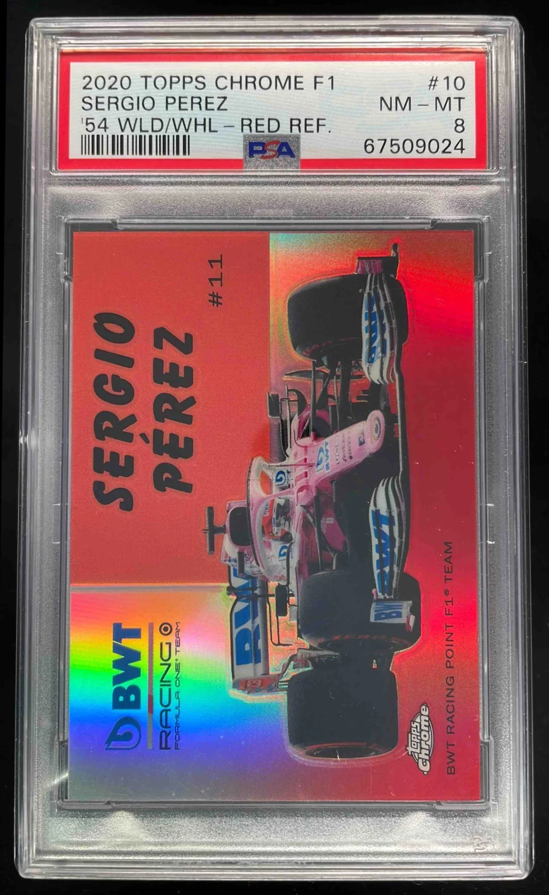 2020 Topps Chrome Formula 1 1954 World on Wheels Red Sergio Perez /5 PSA 8
