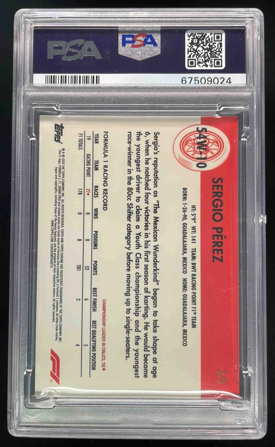 2020 Topps Chrome Formula 1 1954 World on Wheels Red Sergio Perez /5 PSA 8 - Image 2