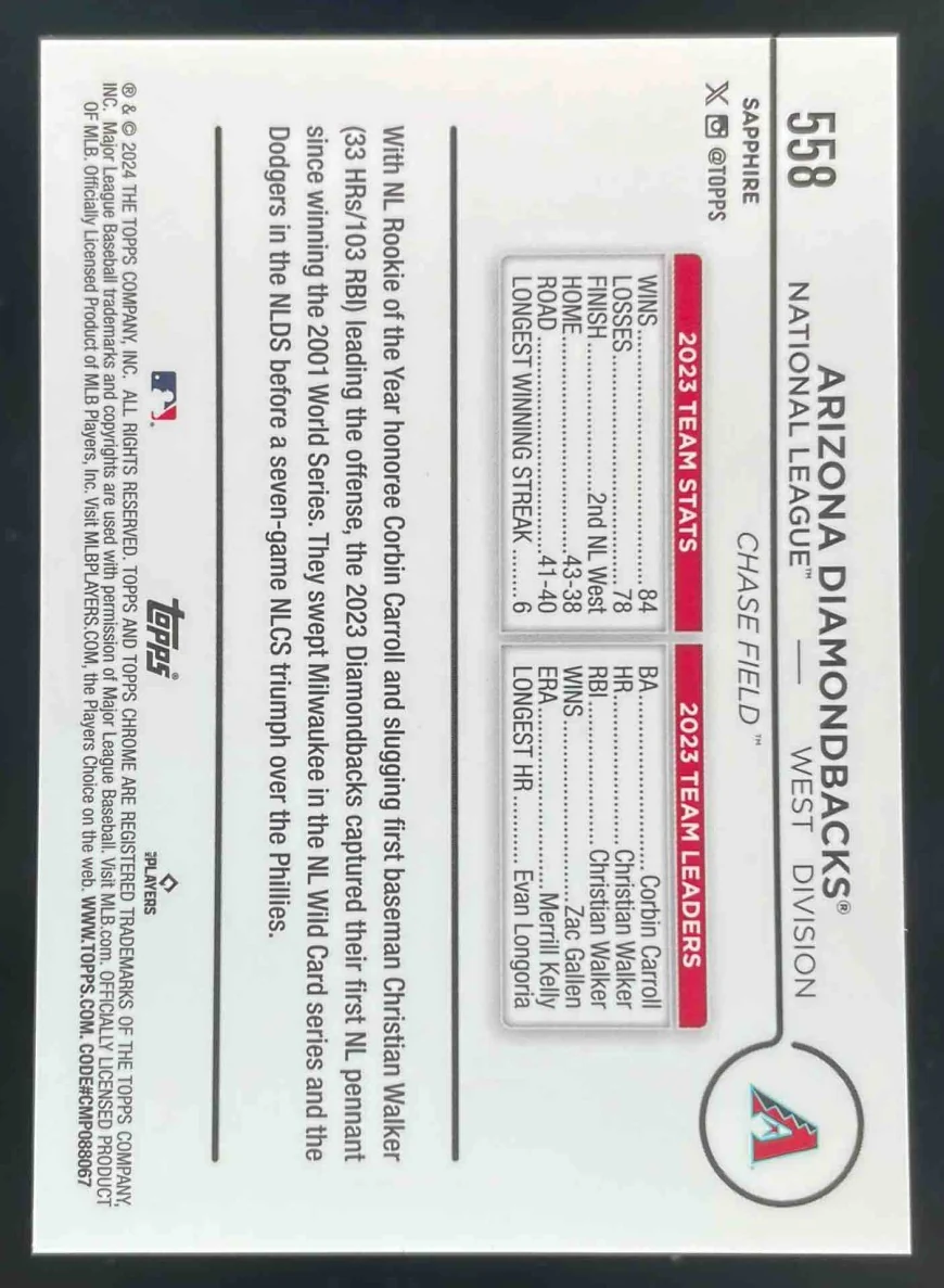 2024 Topps Chrome Sapphire Red #558 Arizona Diamondbacks Team Card /5 - Image 2
