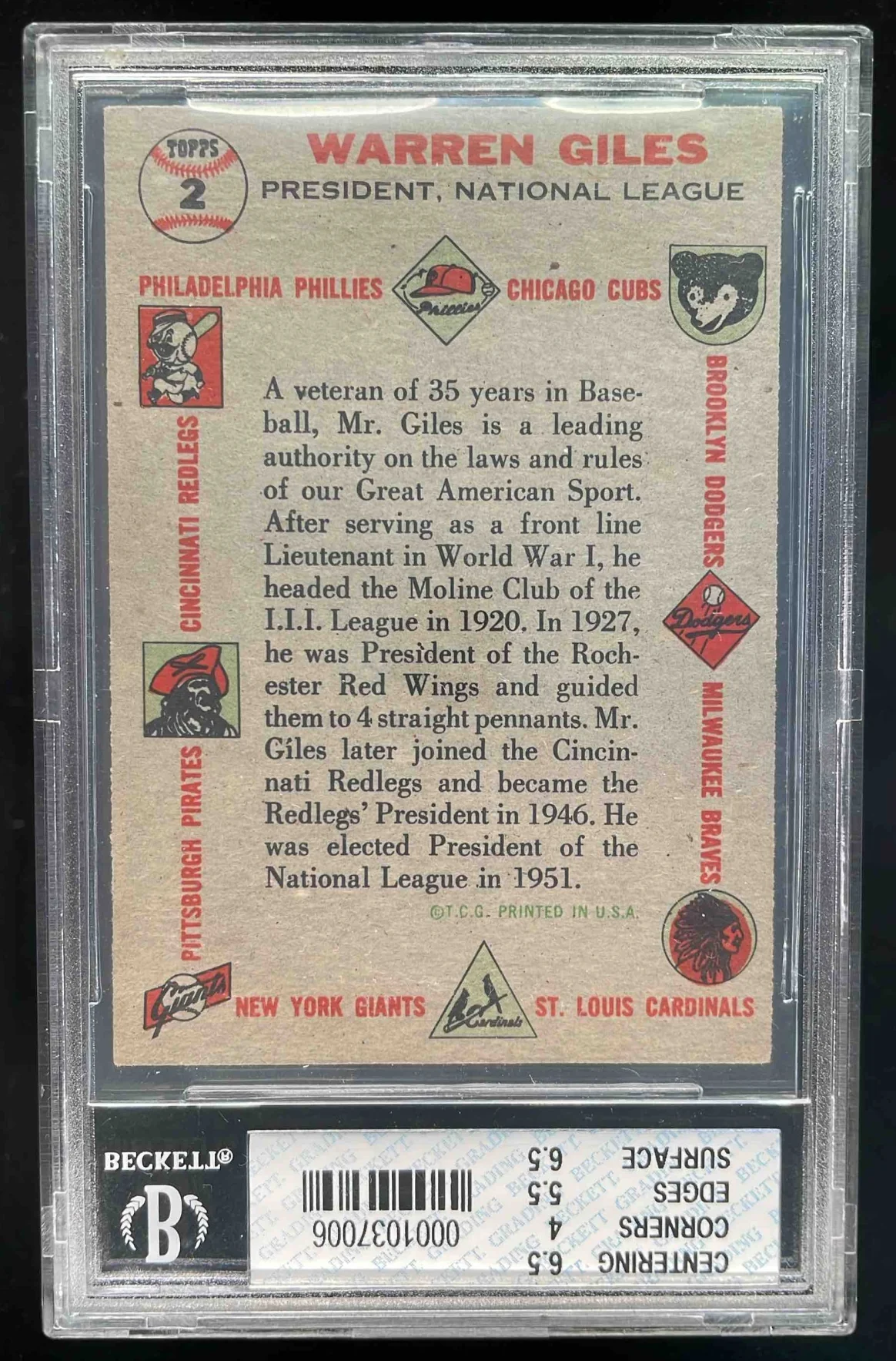 1956 Topps #2 Warren Giles BGS 4.5 - Image 2