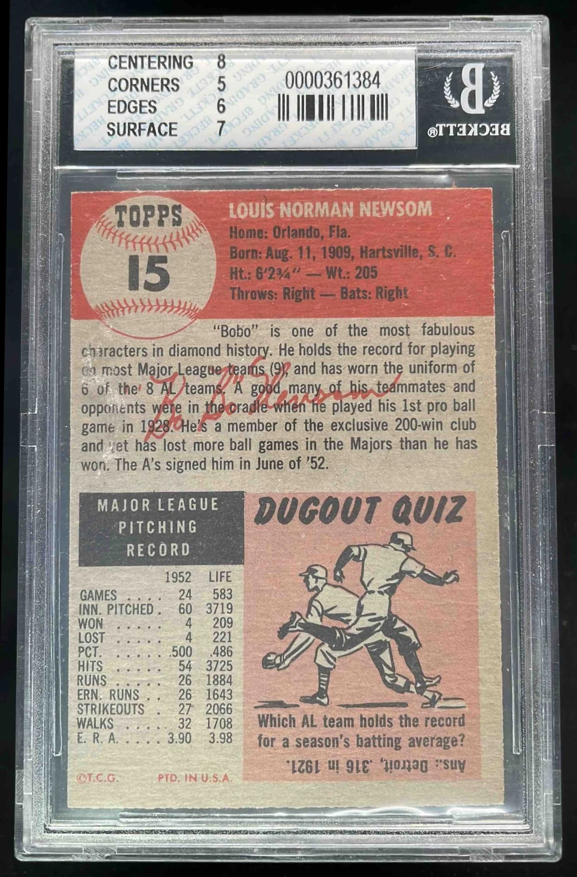 1953 Topps #15 Bobo Newsom RC BGS 5.5 - Image 2