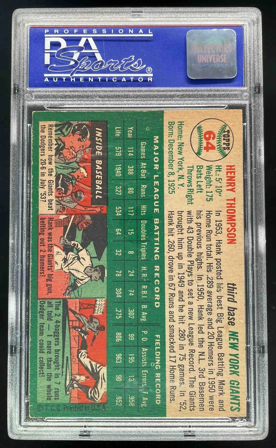 1954 Topps #64 Hank Thompson PSA 5 - Image 2