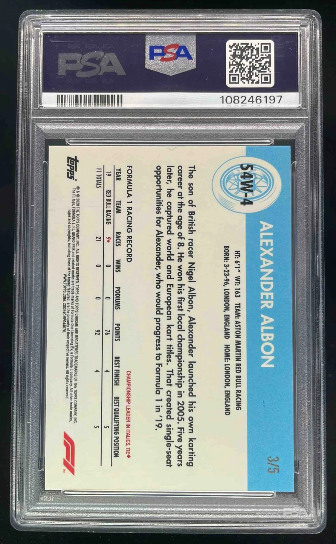 2020 Topps Chrome Formula 1 1954 World on Wheels Red #4 Alexander Albon /5 PSA 8 - Image 2