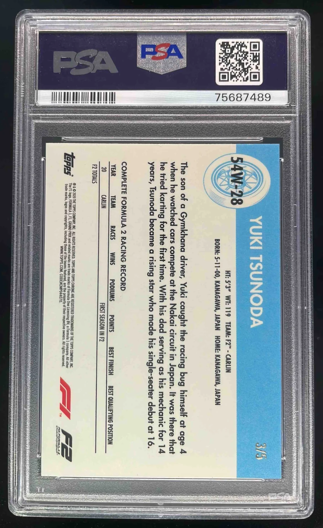 2020 Topps Chrome Formula 1 1954 World on Wheels Red #28 Yuki Tsunoda /5 PSA 8 - Image 2